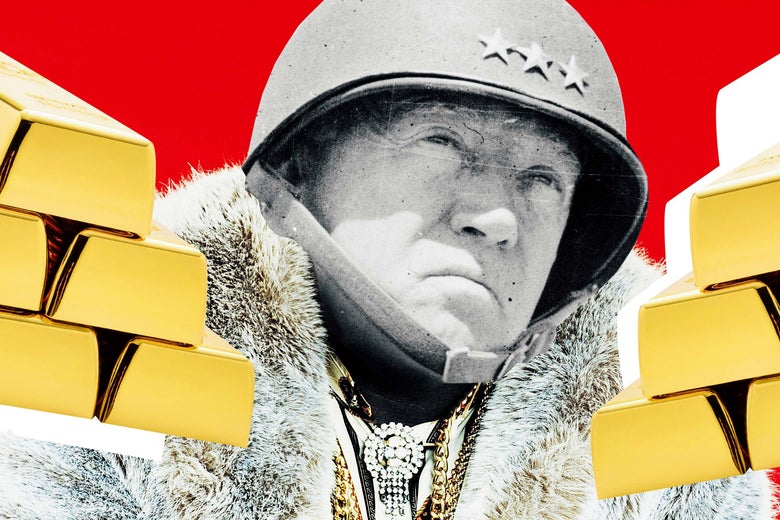Photo of a blinged out George Patton surrounded by gold bricks.